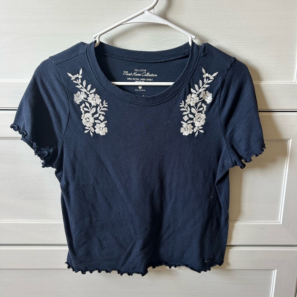 Hollister Navy Floral Embroidered Crop Top